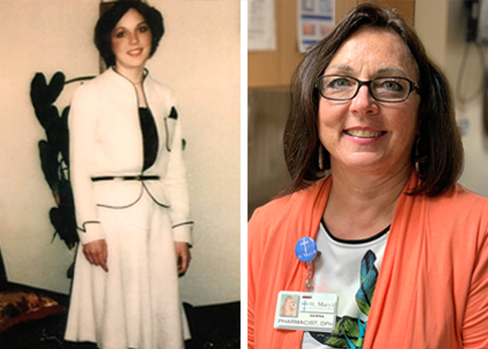 A picture of Dawna Hatton when she started in her career in 1980 next to a picture of her today.